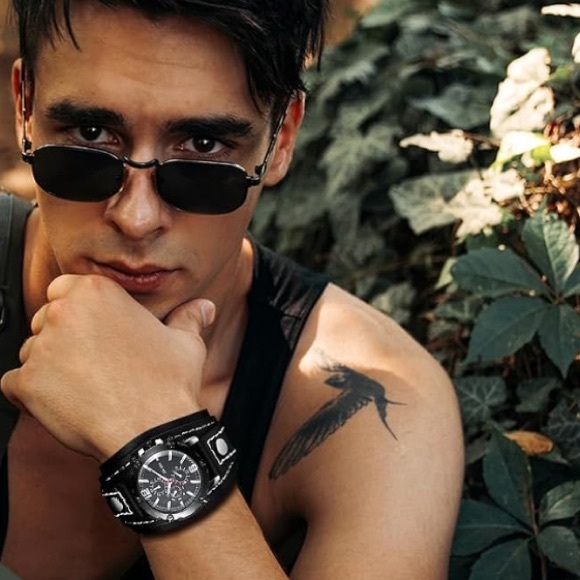 Men Steampunk Black Leather Watch Dial Multi-Layer Strap Wide Cuff Analog Quartz - Picture 1 of 10
